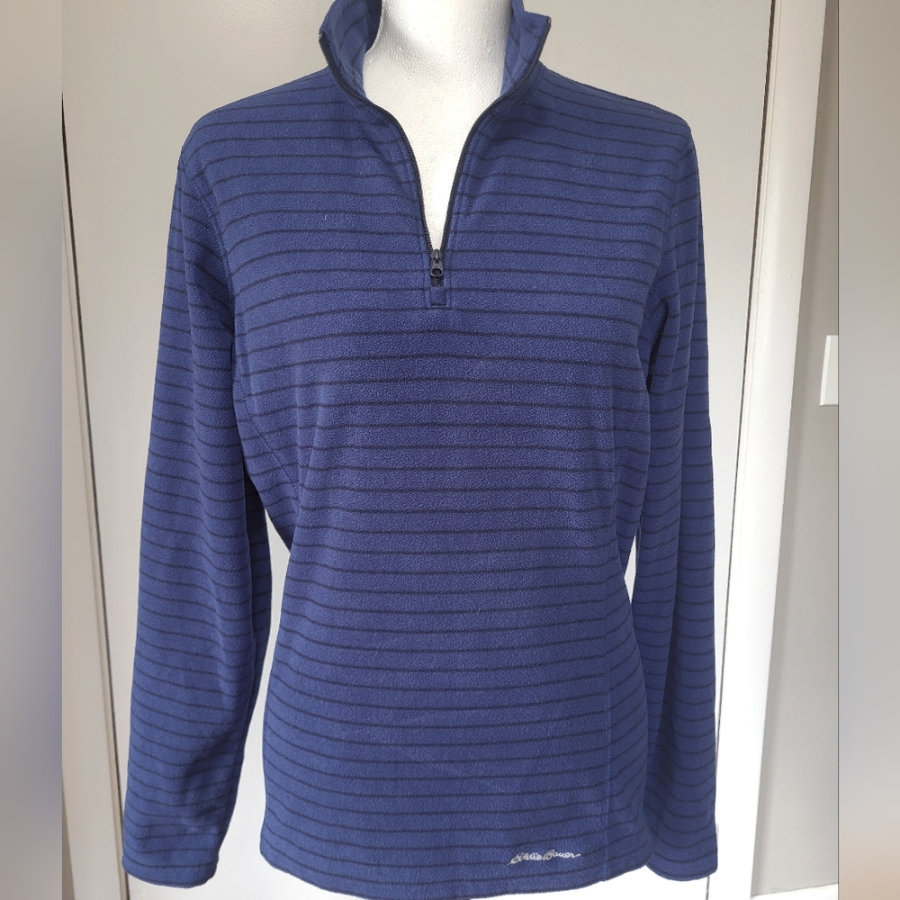 Eddie Bauer royal blue/black striped half-zip microfleece, medium, Fitted
